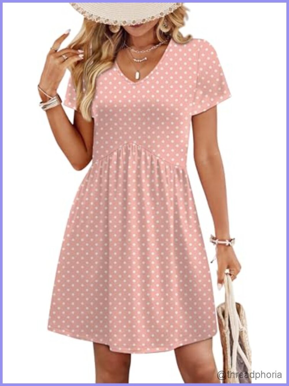 V Neck Babydoll Summer Dress Short Sleeve Casual Beach Vacation with Pockets